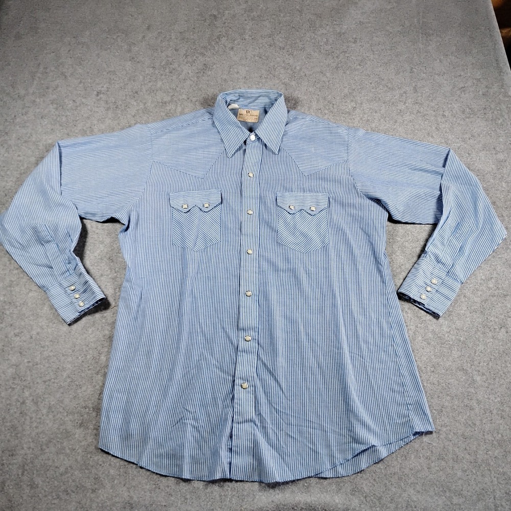 Vintage Dee Cee Brand Men Blue Stripe Western Pearl Snap Shirt Long Sleeve L USA